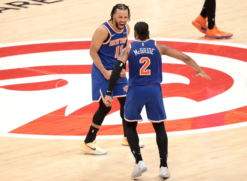 Jalen Brunson and Miles McBride, celebrating during the Knicks' Game 4 2 win, entered Tuesday with a the Knicks had a net rating of 29.5 points when they were on the floor together this postseason. 