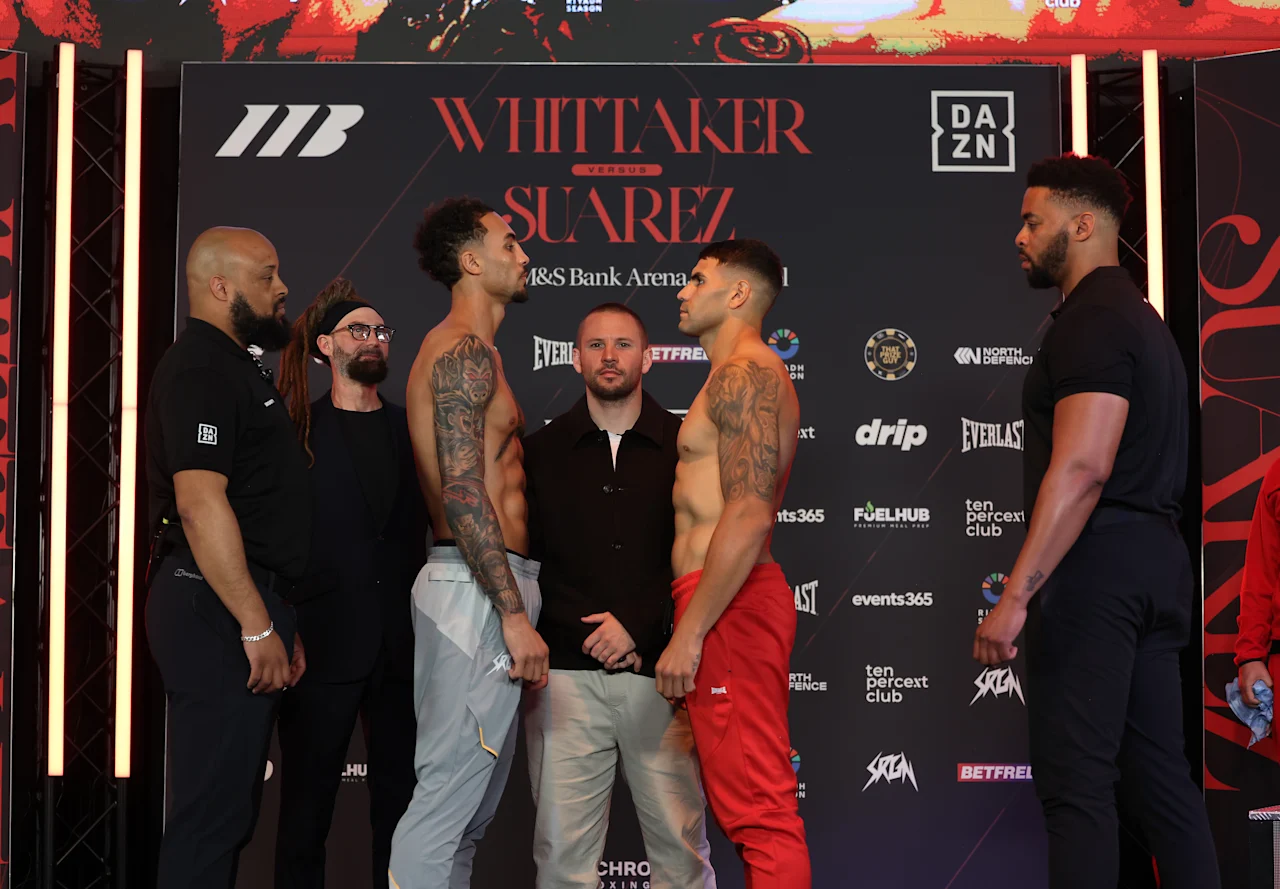 LIVERPOOL, ENGLAND - APRIL 17: Ben Whittaker (grey pants) and Braian Suarez (red pants) during Weigh In ahead of their Light Heavyweight Contest Tomorrow night in Liverpool, England. (Photo by Mark Robinson/Getty Images).