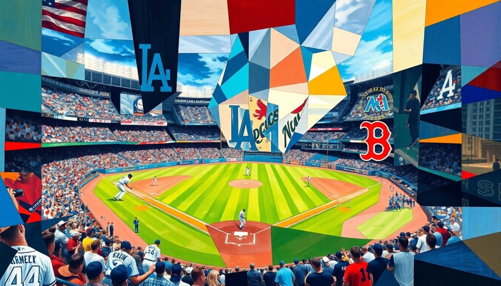 A cubist, geometric painting depicting a baseball game or match, with sharp, overlapping planes of color representing the Dodgers