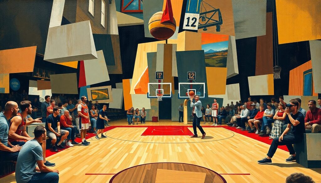 A cubist-style painting depicting a basketball coaching scene, with the players and coaches broken down into sharp, overlapping geometric shapes and planes, conveying the dynamic energy and multiple perspectives of the sport.