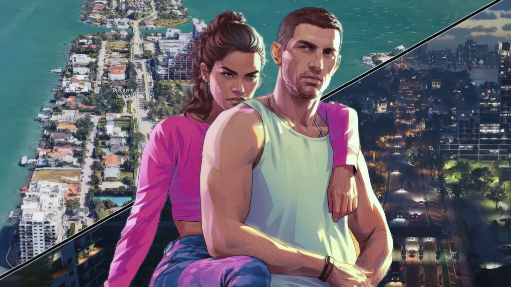 Jason and Lucia from GTA 6 are standing back-to-back, with a background split between an aerial view of Biscayne Island and a night city scene.