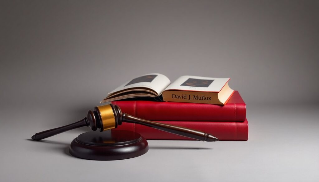 A high-end, photorealistic studio still-life photograph featuring a gavel, law books, and a nameplate, conceptually representing the prestige and professionalism of a top-ranked personal injury lawyer.