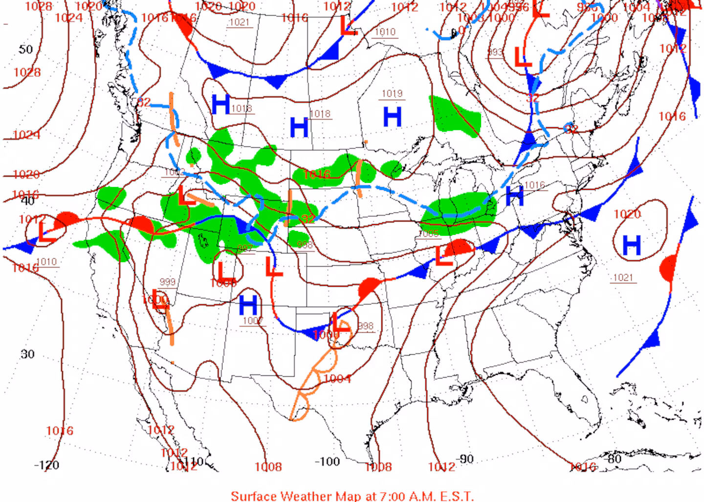 A forecast surface map for the 2011 Boston Marathon showing an area of high pressure near New England.