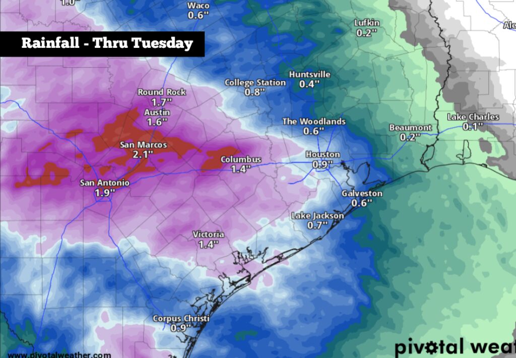 Shown are the potential rainfall totals across the region through Tuesday, according to the National Blend of Models. Isolated higher totals of greater than 3 inches are possible.
