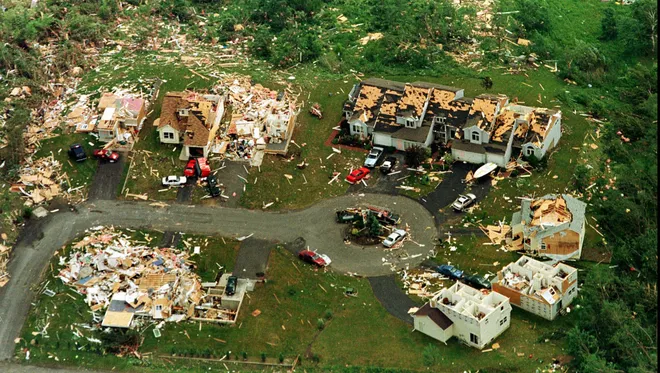 This June 1, 1998, aerial shows homes destroyed in the northern section of Mechanicville, N.Y., during a Sunday afternoon tornado.