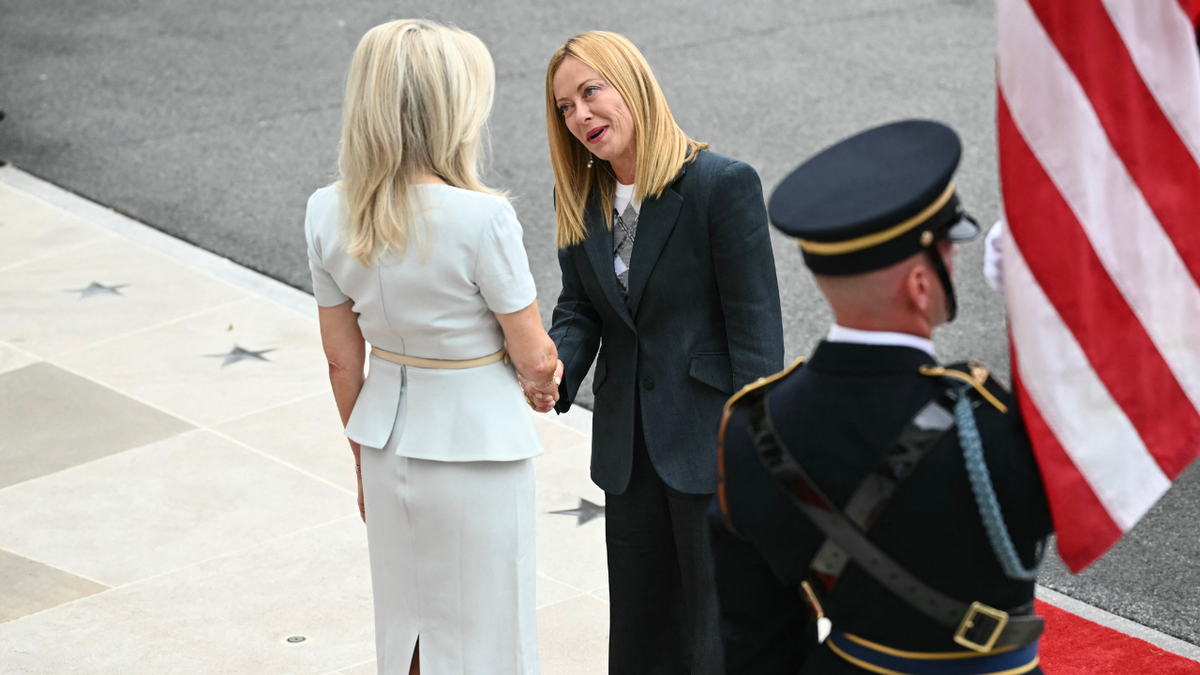 Italian Prime Minister Giorgia Meloni greeted by US Chief of Protocol Monica Crowley at White House South Portico
