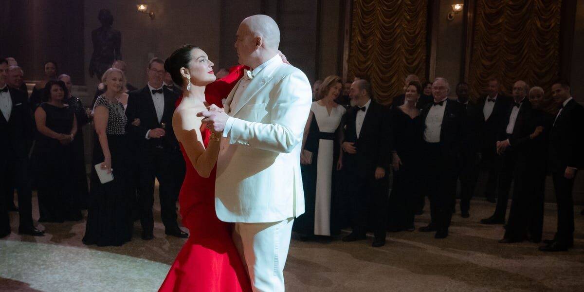 Wilson (Vincent D'Onofrio) and Vanessa Fisk (Ayelet Zurer) dance during a scene of episode 8 of Daredevil: Born Again