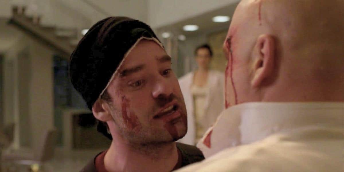 Daredevil (Charlie Cox) beating up/confronting Wilson Fisk/Kingpin (Vincent D'Onofrio)