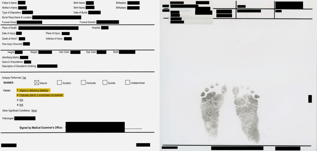 Autopsy reports reviewed by ProPublica, like these two from children in Minnesota and Arizona, have notes from coroners citing vitamin K deficiency as a cause of death.