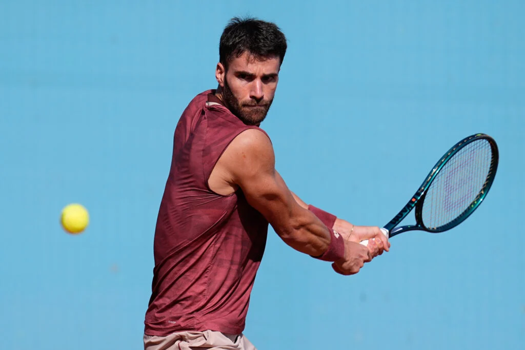 Andrea Pellegrino of Italy in action against Martin Damm of USA during the Mutua Madrid Open 2026, ATP Masters 1000 and WTA 1000, at La Caja Magica on April 20, 2026 in Madrid, Spain.