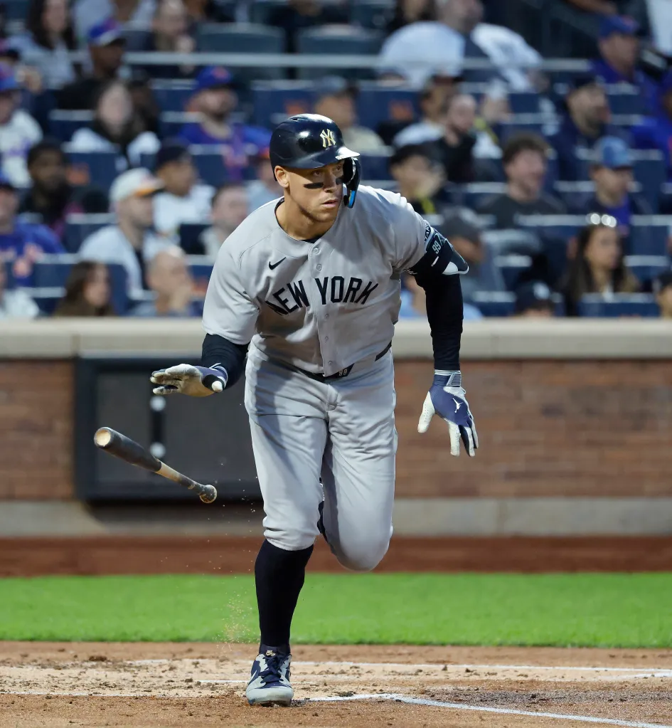New York Yankees right fielder Aaron Judge (99) hits a single during the third inning during the Subway Series at Citi field in the Queens, New York, USA, Friday, May 15, 2026.