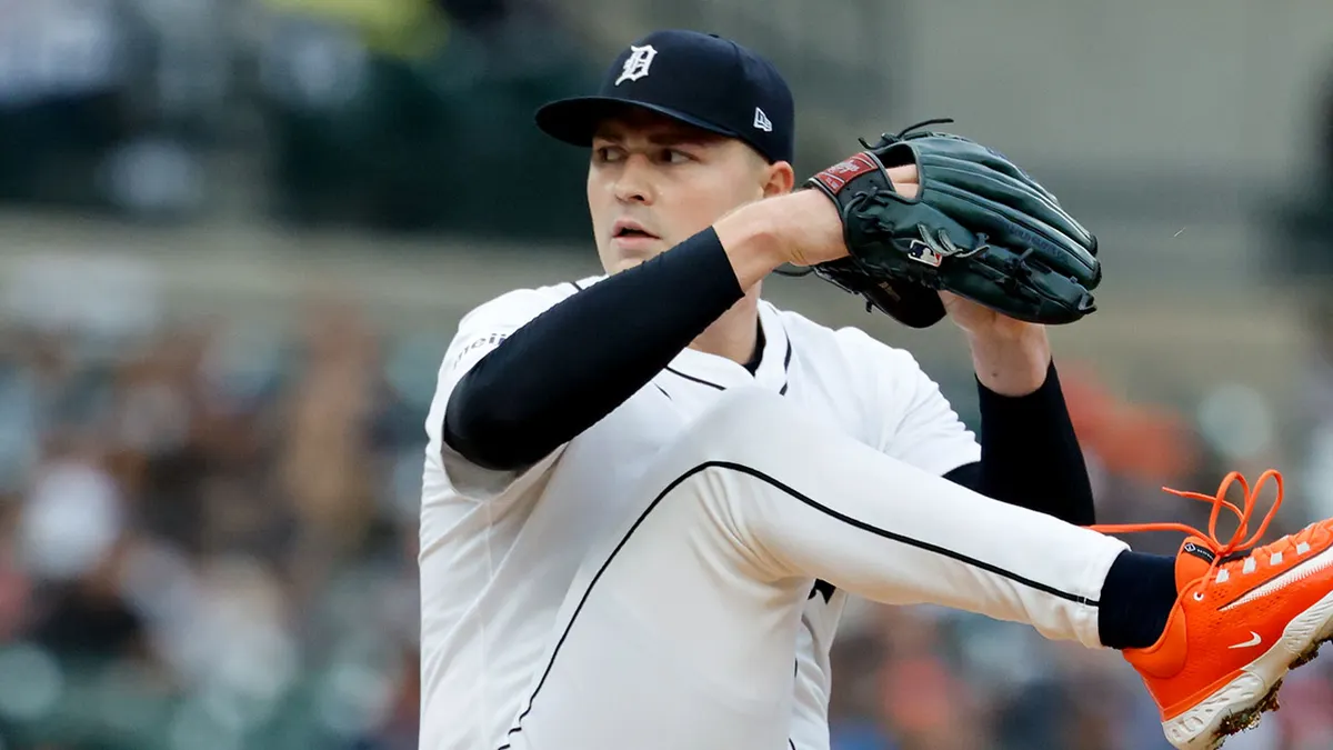 Detroit Tigers pitcher Tarik Skubal pitching during a game at Comerica Park in Detroit