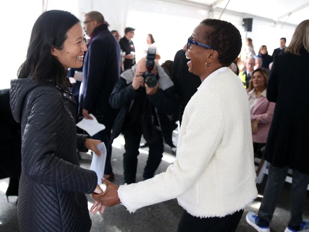 In November 2023, Mayor Michelle Wu greeted then-Harvard President Claudine Gay at a groundbreaking in Allston.