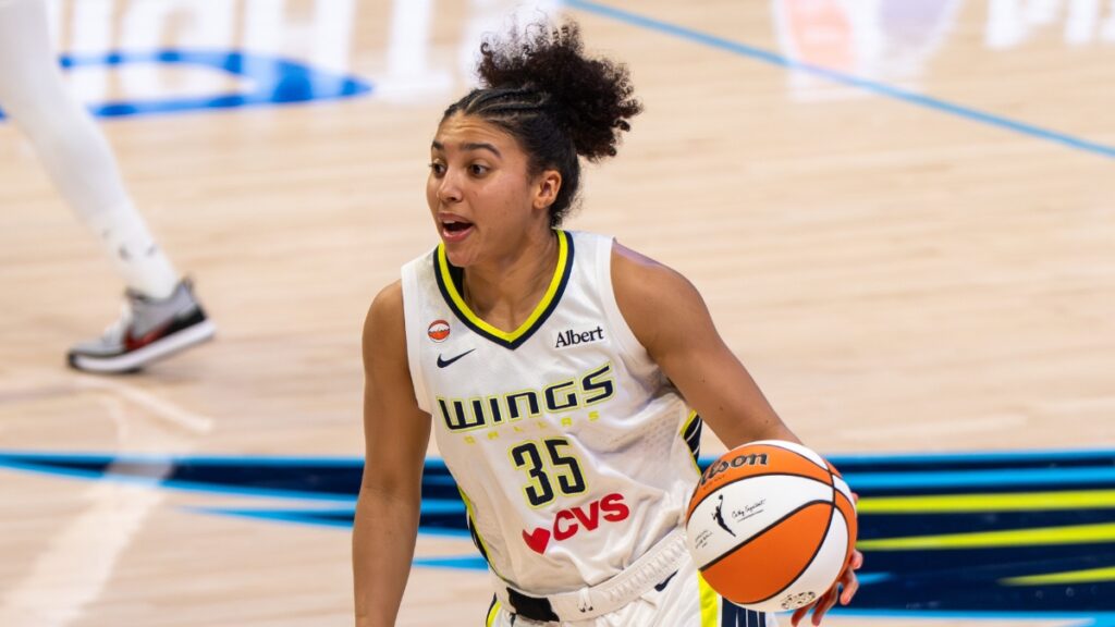 Rookie guard Azzi Fudd of the Dallas Wings handling the ball against the Minnesota Lynx at College Park Center.