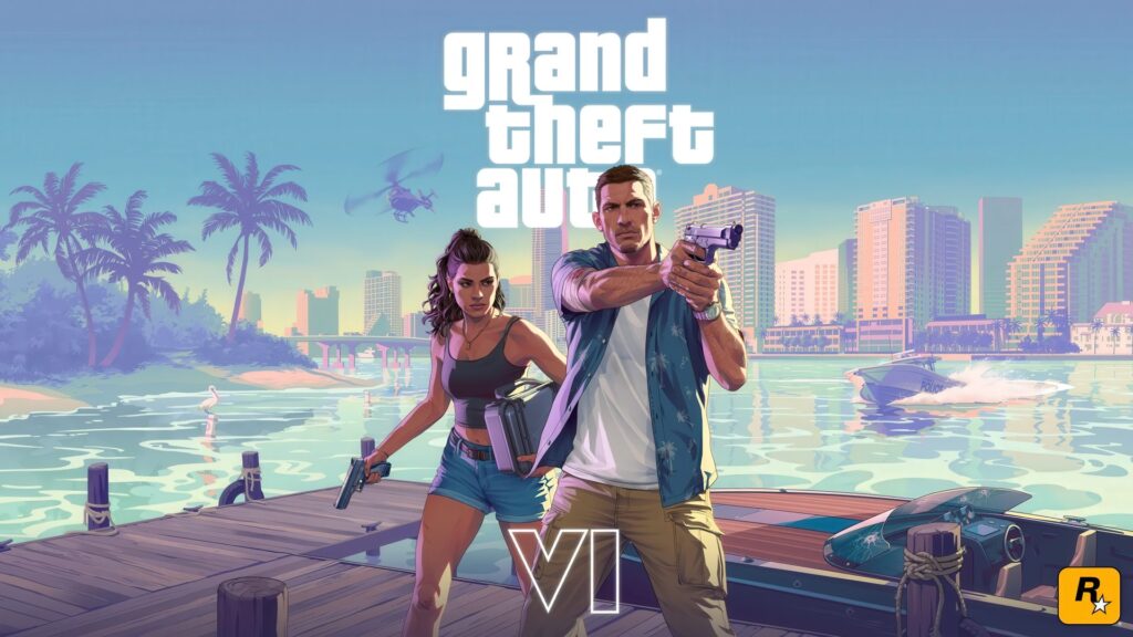 Two characters stand on a dock with guns in a tropical city setting with 'Grand Theft Auto VI' GTA 6 text above them.