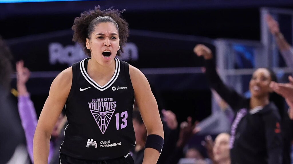 Sep 2, 2025; San Francisco, California, USA; Golden State Valkyries forward Janelle Salaun (13) celebrates after a basket against the New York Liberty during the third quarter at Chase Center. Mandatory Credit: Kelley L Cox-Imagn Images