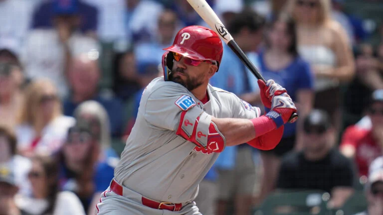 Philadelphia Phillies designated hitter Kyle Schwarber (12) plays during baseball game against the Chicago Cubs, Thursday, April 23, 2026, in Chicago.
