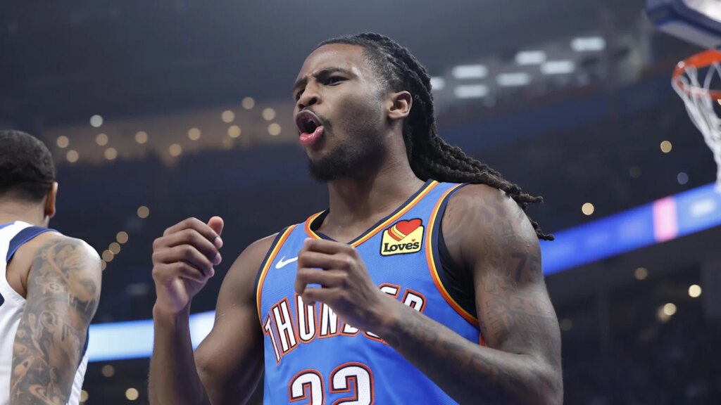 Jan 23, 2025; Oklahoma City, Oklahoma, USA; Oklahoma City Thunder guard Cason Wallace (22) reacts to an officials call after a play against the Dallas Mavericks during the first quarter at Paycom Center. Mandatory Credit: Alonzo Adams-Imagn Images