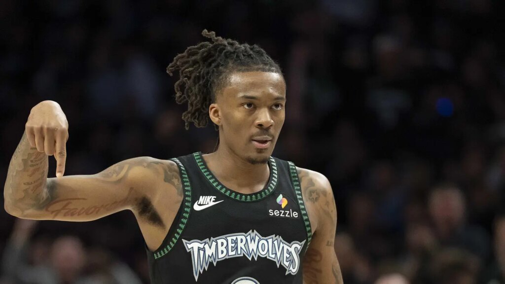 Apr 30, 2026; Minneapolis, Minnesota, USA; Minnesota Timberwolves guard Bones Hyland (8) celebrates making a shot against the Denver Nuggets in the first half during game six of the first round of the 2026 NBA Playoffs at Target Center. Mandatory Credit: Jesse Johnson-Imagn Images