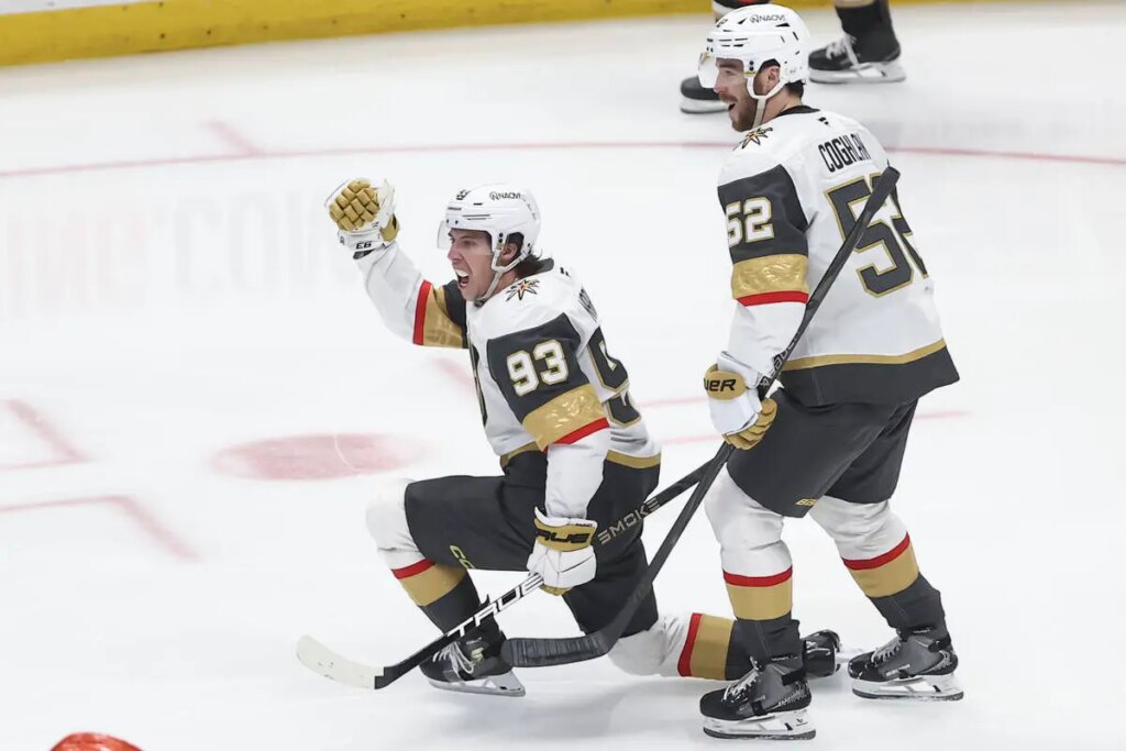 Golden Knights right wing Mitch Marner (93) celebrates his goal against the Anaheim Ducks durin ...