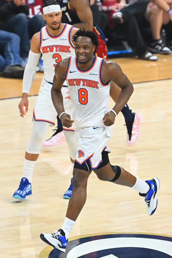 New York Knicks forward OG Anunoby celebrates 