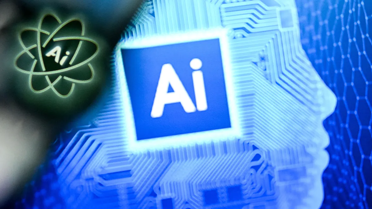 A laptop showing letters AI beside a smartphone displaying a chat AI app logo