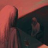 An illustration of a female judge with a glass of wine on her desk looms over a nervous female law clerk.