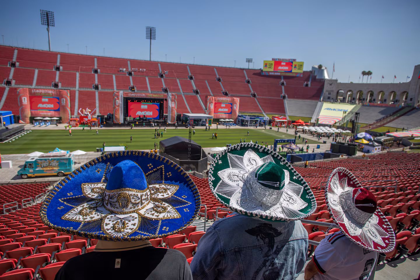 Mexican fans arrive at the LA Memorial Colesium Stadium for a watch party for the 2026 FIFA World Cup opening match between Mexico and South Africa at the FIFA Fan Festival in Los Angeles, California. Mexico and South Africa are opening the 2026 FIFA World Cup in Mexico City.
