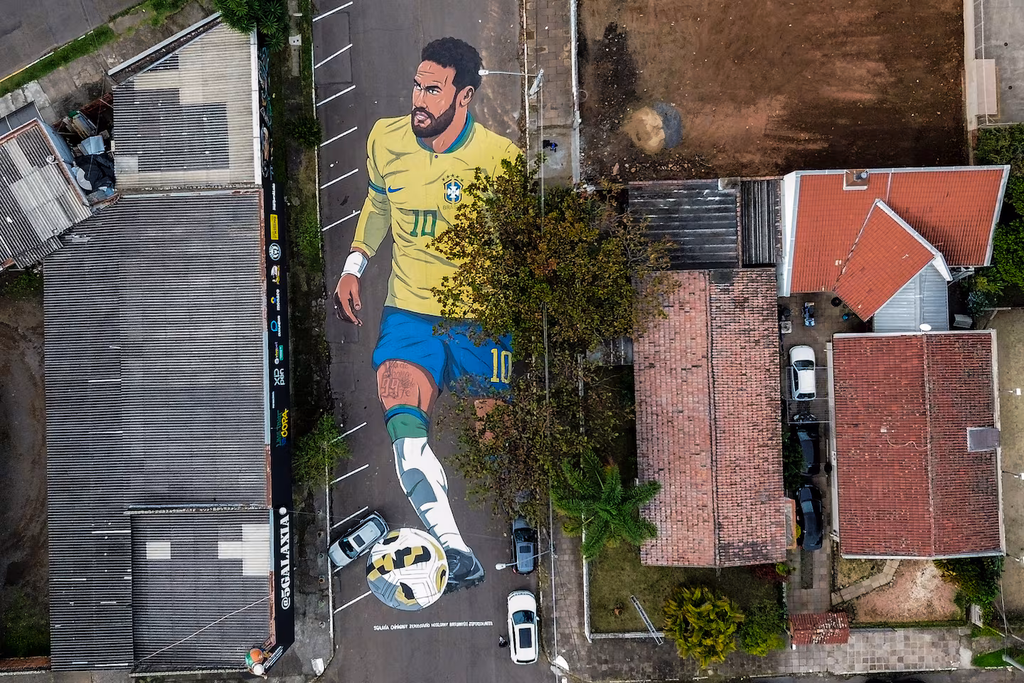 Aerial view of an 850-square-metre street painting depicting Brazilian football star Neymar, designed by Brazilian artists Rafael Jung, Nosg, Bart, Chimia, Joca and Jefferson, in Novo Hamburgo, Rio Grande do Sul state, Brazil.