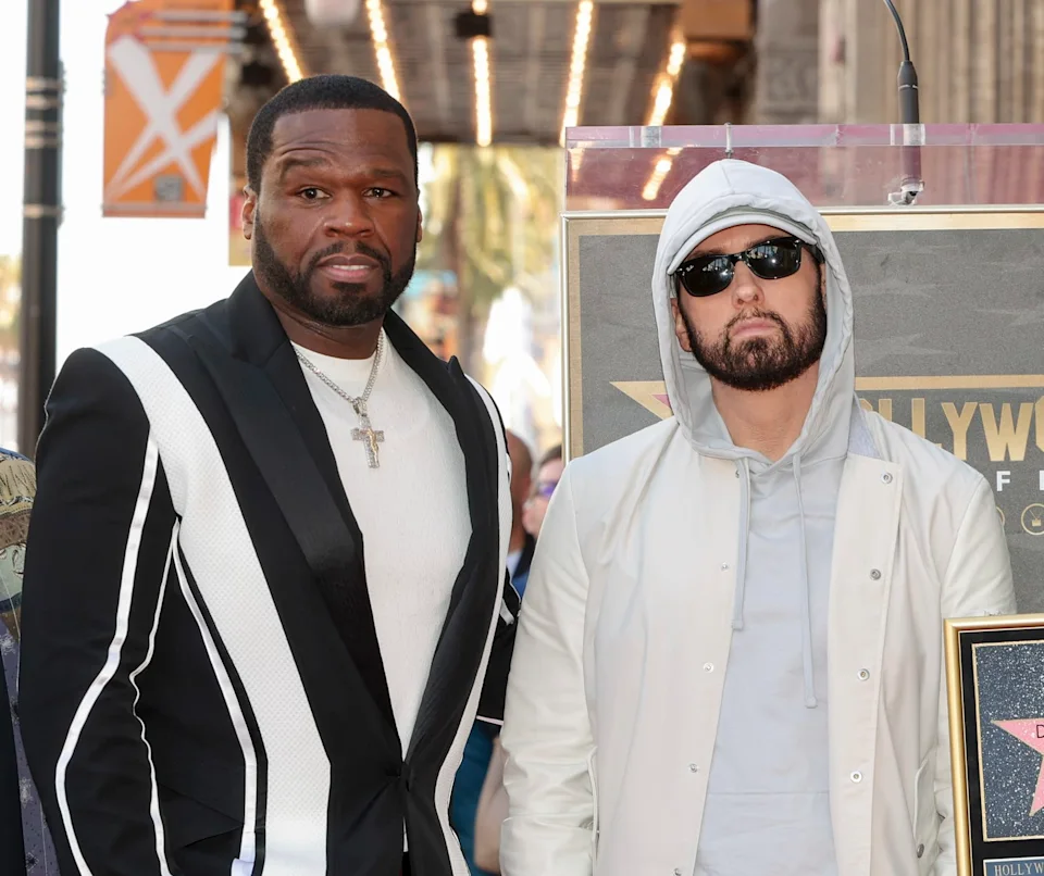 50 Cent, Eminem, Dr. Dre and Snoop Dogg at the star ceremony where Dr. Dre is honored with a star on the Hollywood Walk of Fame on March 19, 2024 in Los Angeles, California.
