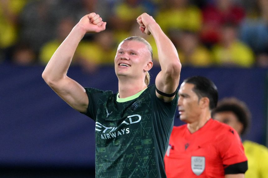Erling Haaland celebrates a goal in October.