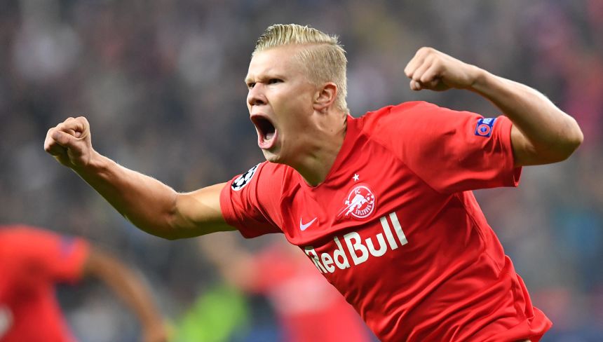 Erling Haaland celebrates a goal while playing for Austrian club RB Salzburg in the Champions League in 2019.