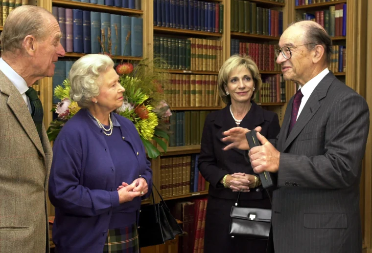 Alan Greenspan and Andrea Mitchell with Queen Elizabeth II and the Duke of Edinburgh at Balmoral castle in Scotland in 2002.