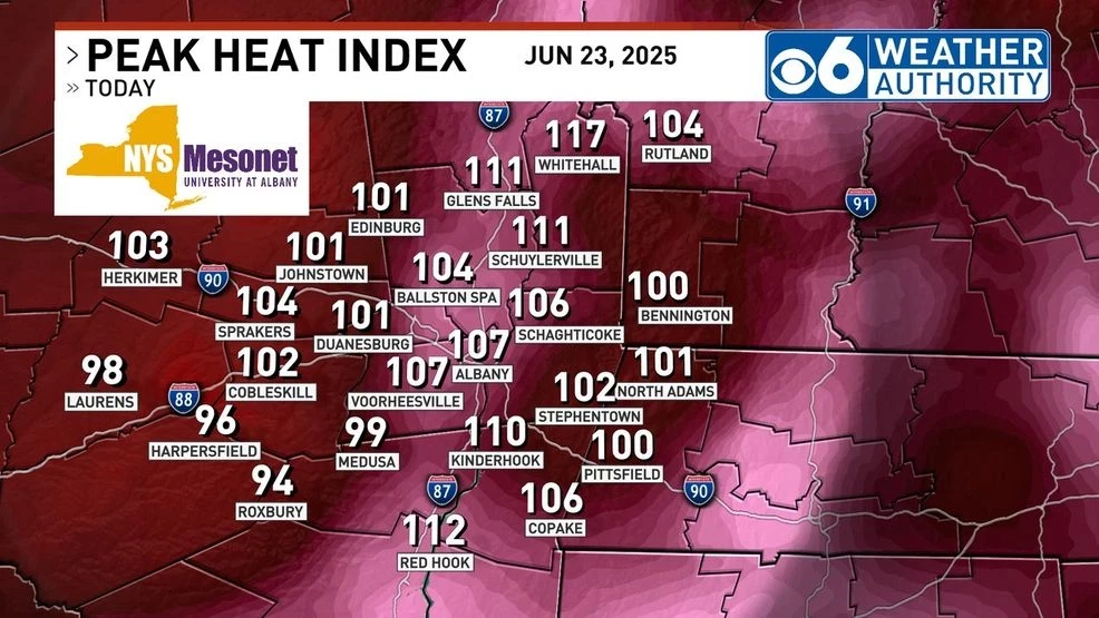 Observed Peak Heat Indices - June 23, 2025