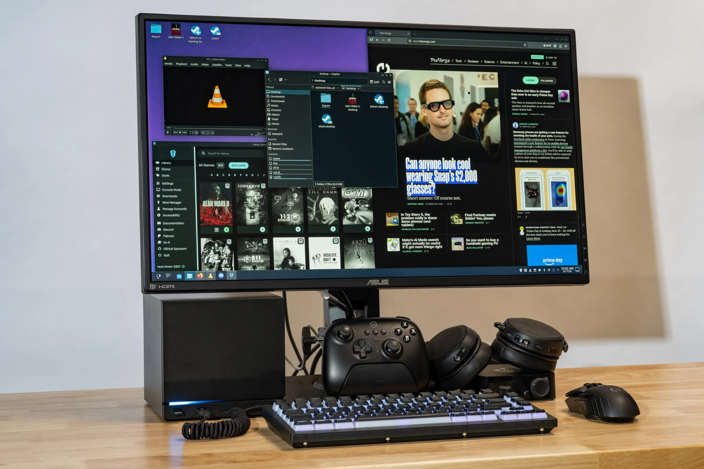 The Steam Machine in its built-in Linux desktop mode, plugged into the same peripherals I use every day.