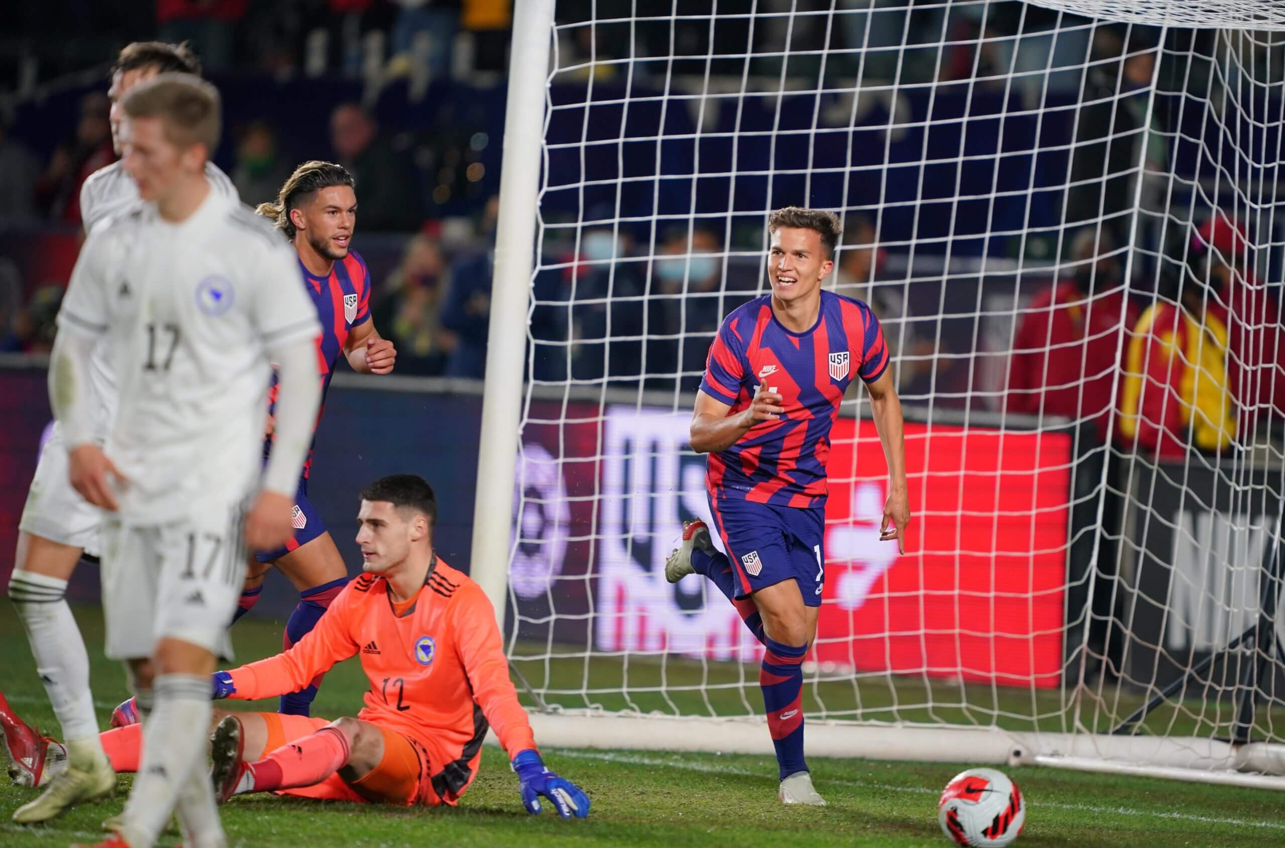 Cole Bassett scores for the USA vs. Bosnia-Heregovina in December 2021