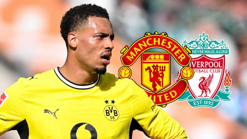 Borussia Dortmund midfielder Felix Nmecha next to the Manchester United and Liverpool badges