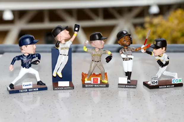 Bobble heads part of the Padres' 2026 promotional giveaways at Petco Park on Thursday, Jan. 22, 2026 in San Diego, California. A City Connect Fernando Tatis' bobblehead will also be included. (Meg McLaughlin / The San Diego Union-Tribune)