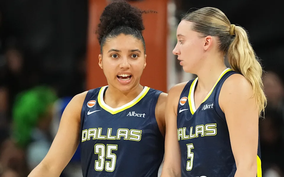 Dallas Wings guards Azzi Fudd (35) and Paige Bueckers (5).Scott Wachter-Imagn Images