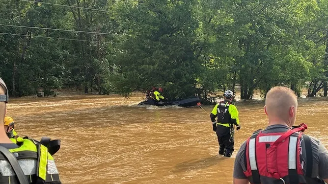 Swiftwater rescue teams stage in Lesterville, Missouri, amid Flash Flood Emergency