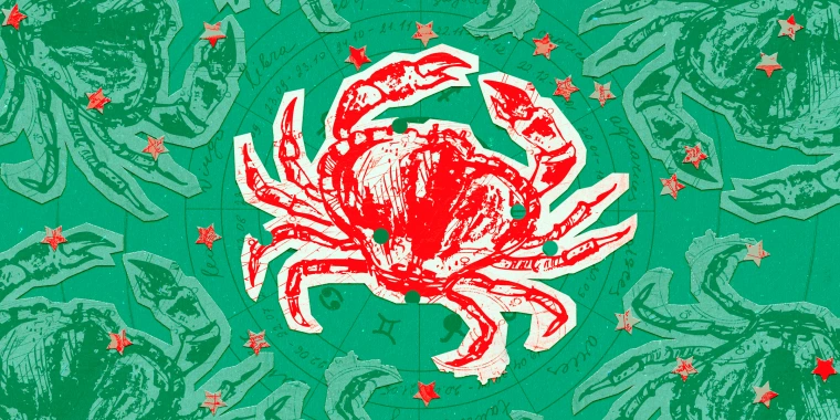 Paper cutouts of the Cancer zodiac on a green background