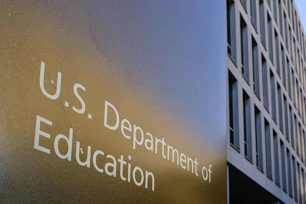 A sign at the U.S. Department of Education headquarters building in Washington on June 20, 2025. (Photo by J. David Ake/Getty Images)