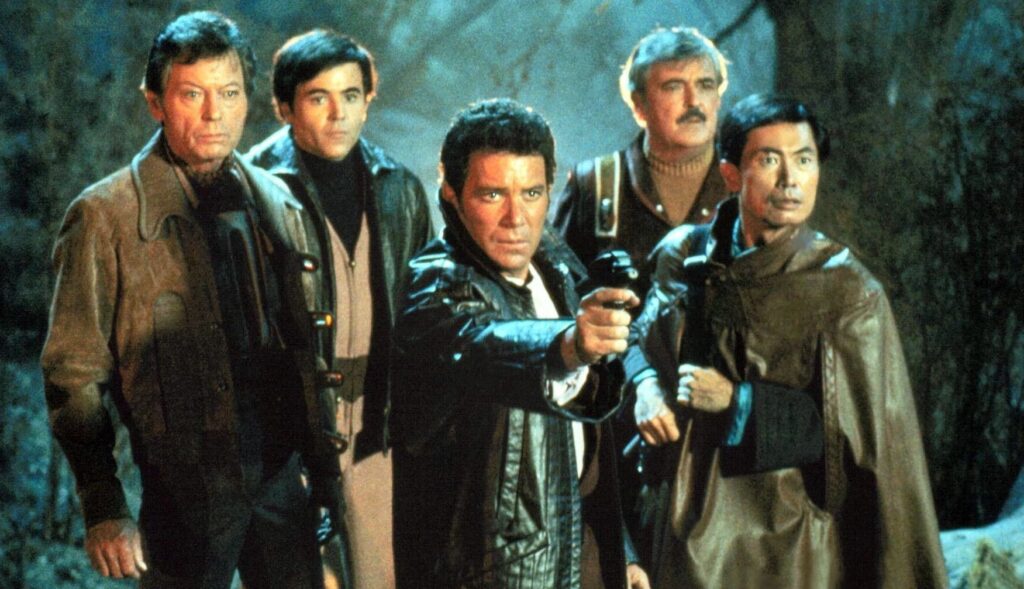 DeForest Kelley, Walter Koenig, William Shatner, James Doohan and George Takei in  a scene from Star Trek III: The Search for Spock