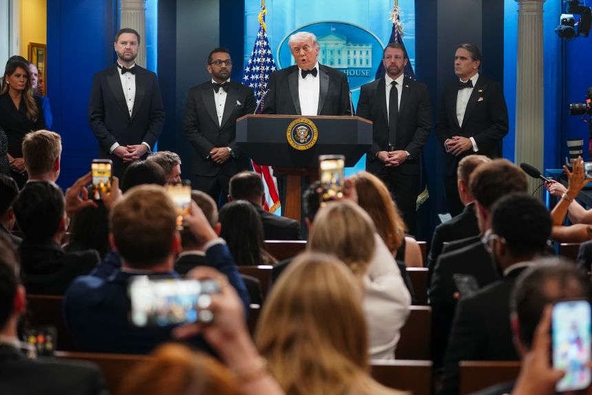 President Trump speaks during a press conference in the Brady Briefing Room of the White House on April 25, 2026, after the cancellation of the annual White House Correspondents’ Dinner.