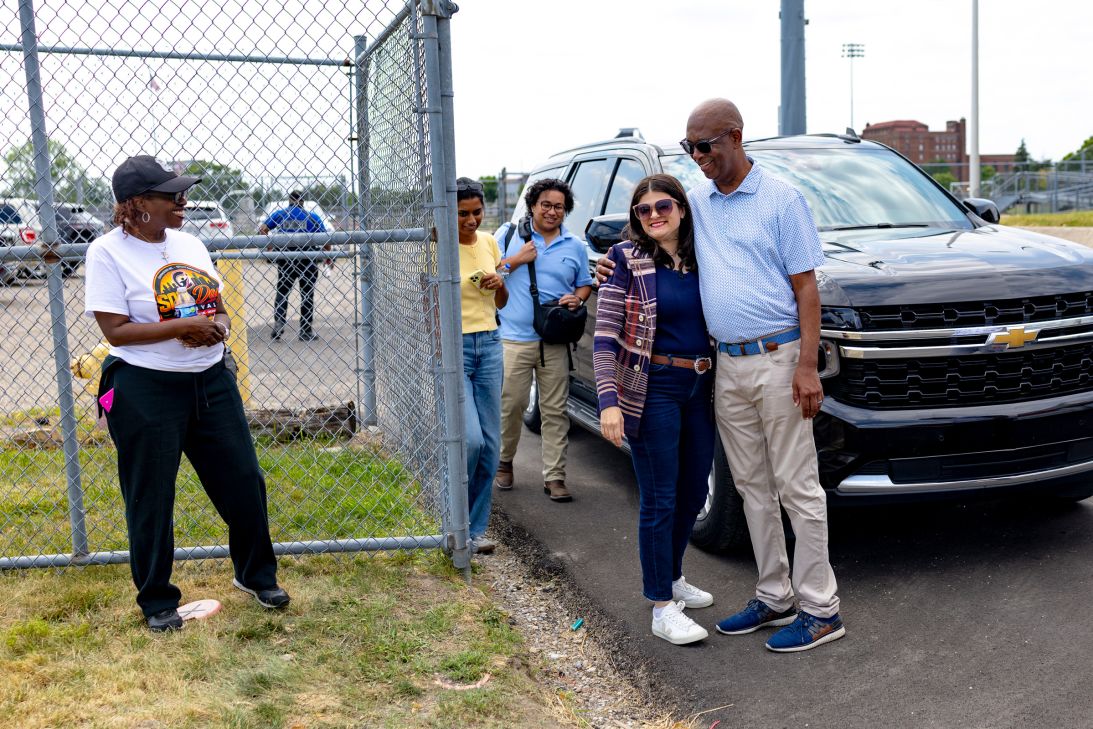 Democratic US Senate candidate Haley Stevens converses with Heaster Wheeler at the Soul Day Festival in Detroit, Michigan, on Saturday, July 25.