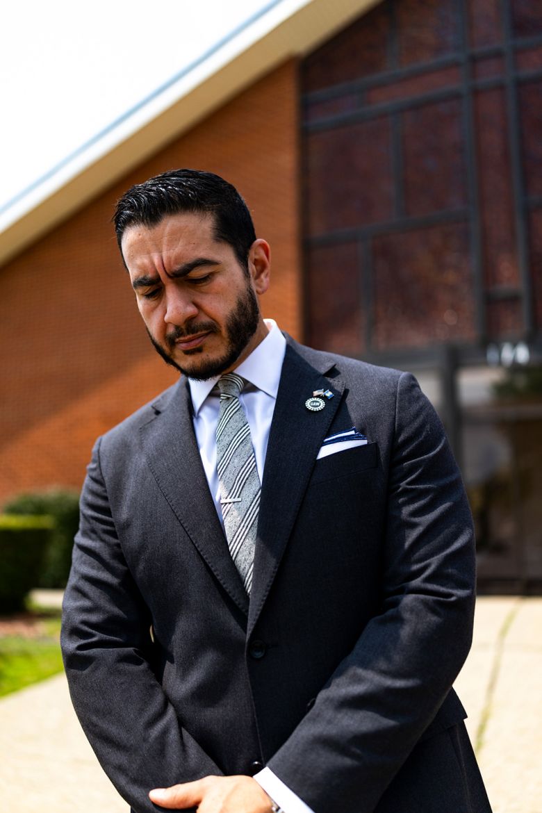 El-Sayed speaks to reporters following a Sunday service at New Bethel Missionary Baptist Church in Pontiac, Michigan, on Sunday.