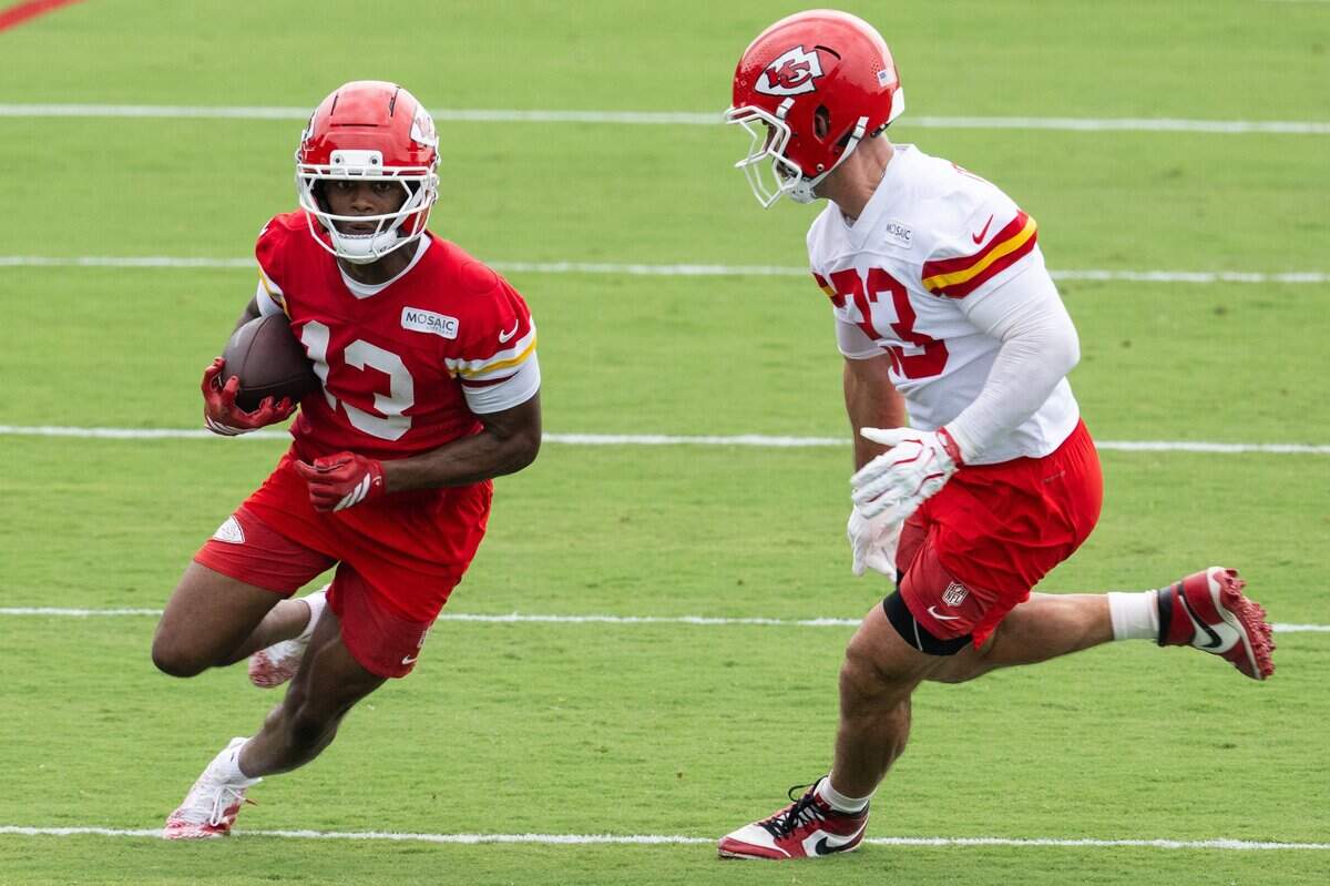 Kansas City Chiefs wide receiver Cyrus Allen catches a pass and runs during 7-on-7 drills at Chiefs training camp on Wednesday, July 29, 2026, in St. Joseph.