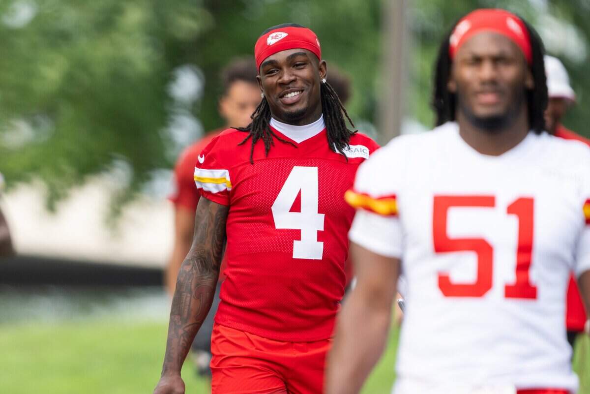 Kansas City Chiefs wide receiver Rashee Rice smiles as he walks down to the practice field at Chiefs training camp on Wednesday, July 29, 2026, in St. Joseph.