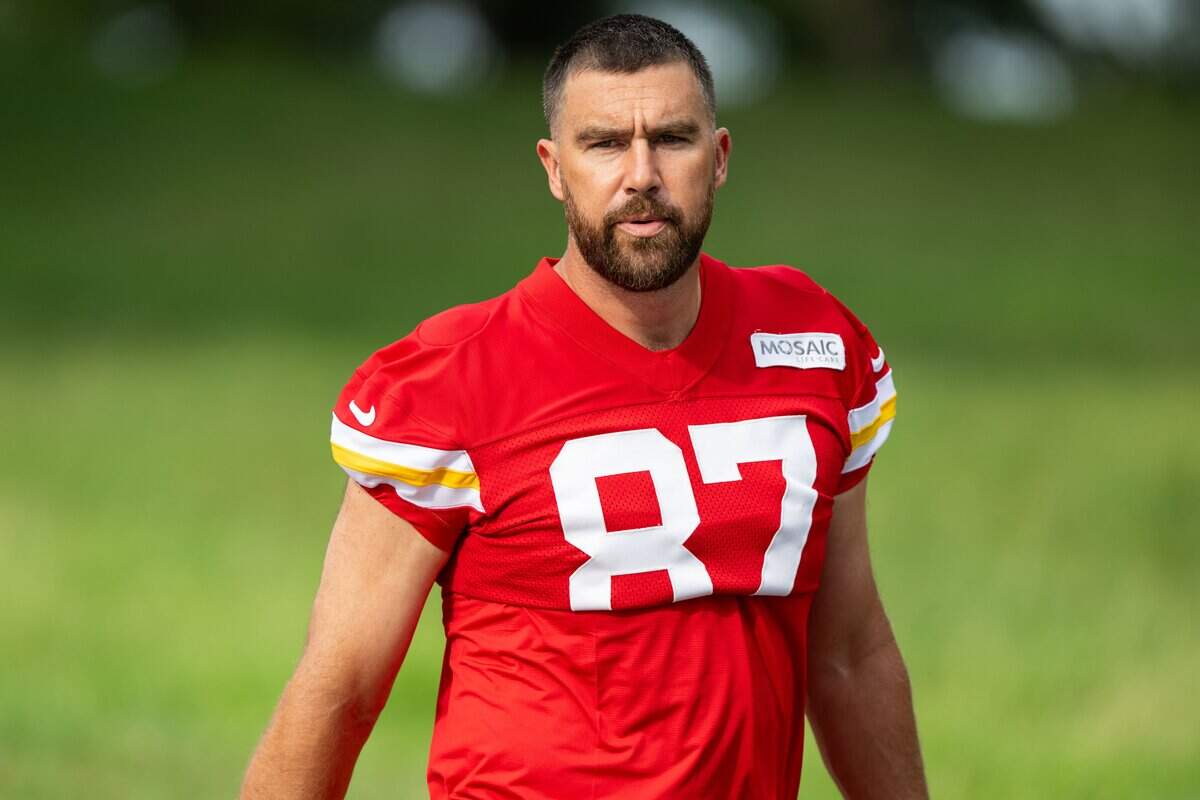 Kansas City Chiefs tight end Travis Kelce walks down to the practice field at Chiefs training camp on Wednesday, July 29, 2026, in St. Joseph.