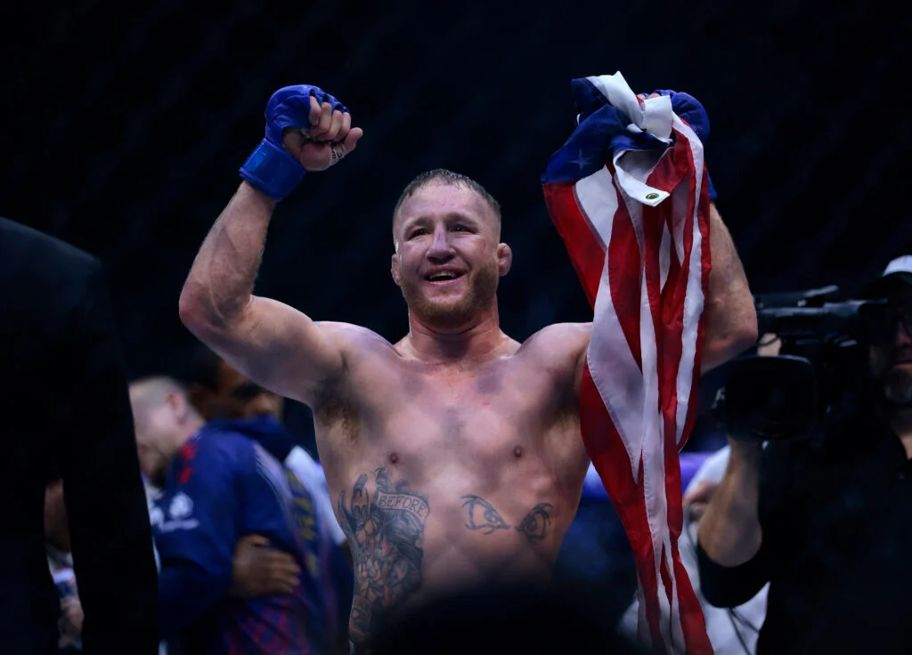 Justin Gaethje celebrates UFC Freedom 250 win
